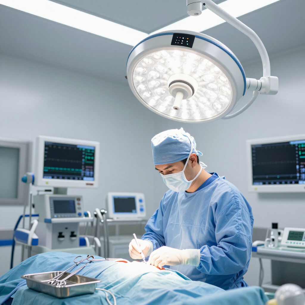 A surgeon in blue scrubs and a face mask performs an operation in a brightly lit, modern hospital operating room.