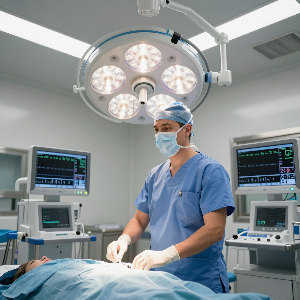 A surgeon in blue scrubs and a face mask performs a procedure on a patient in an operating room with medical monitors.