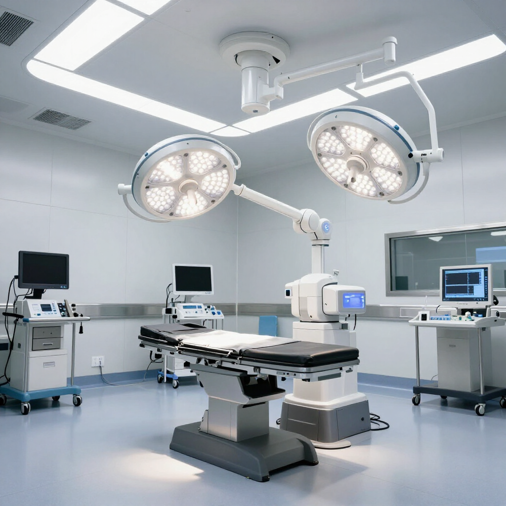 A brightly lit, modern operating room featuring a surgical table, large overhead lights, and various medical monitors.