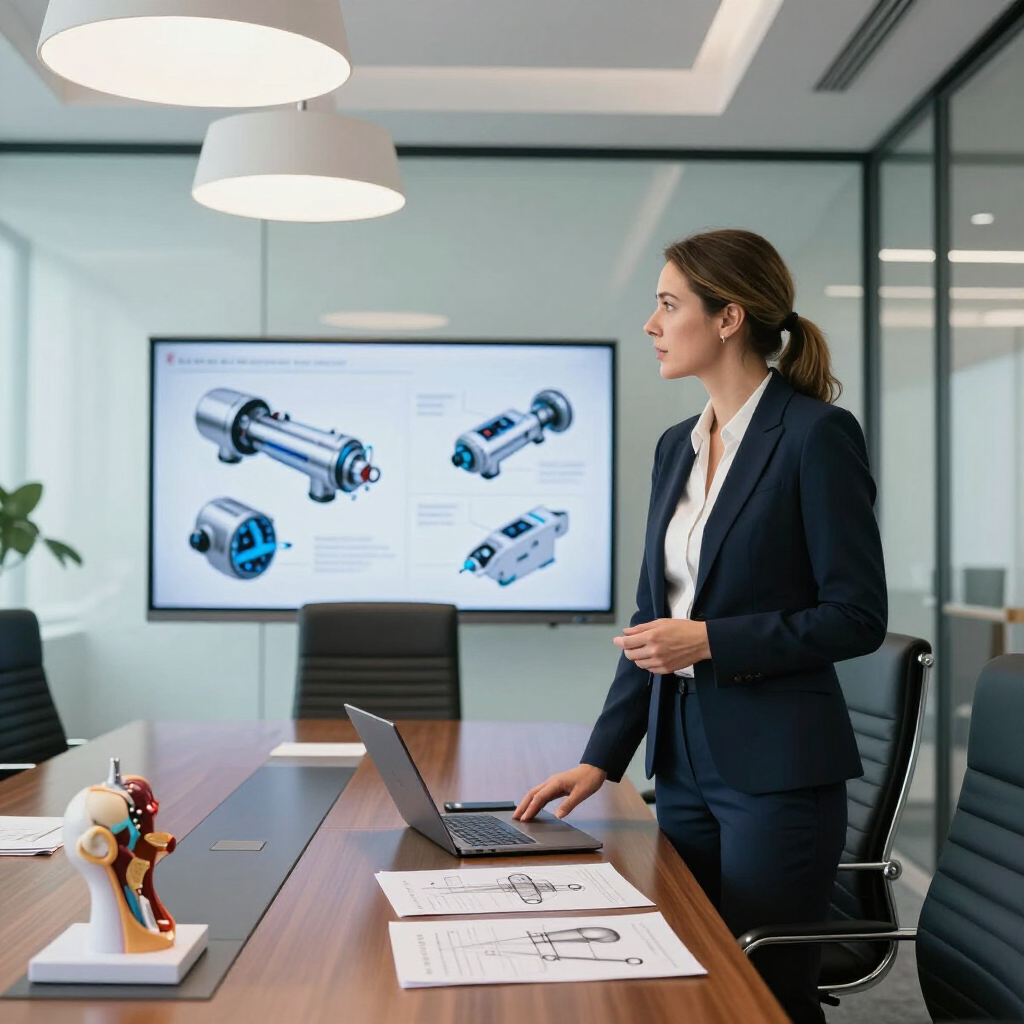 A professional in a suit presents engineering diagrams on a screen in a modern boardroom with a table and laptop.