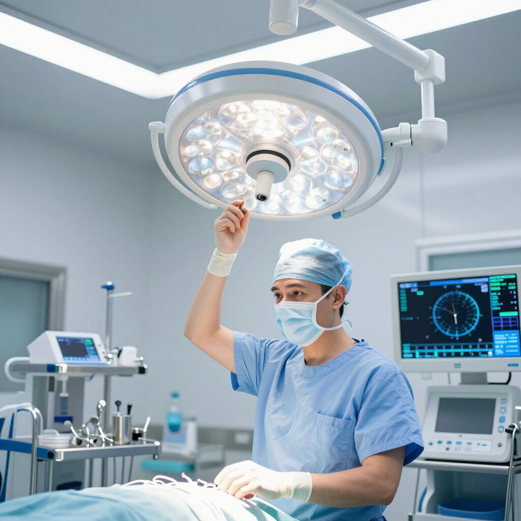 A surgical professional in scrubs and a mask adjusts a bright overhead surgical light in a hospital operating room.