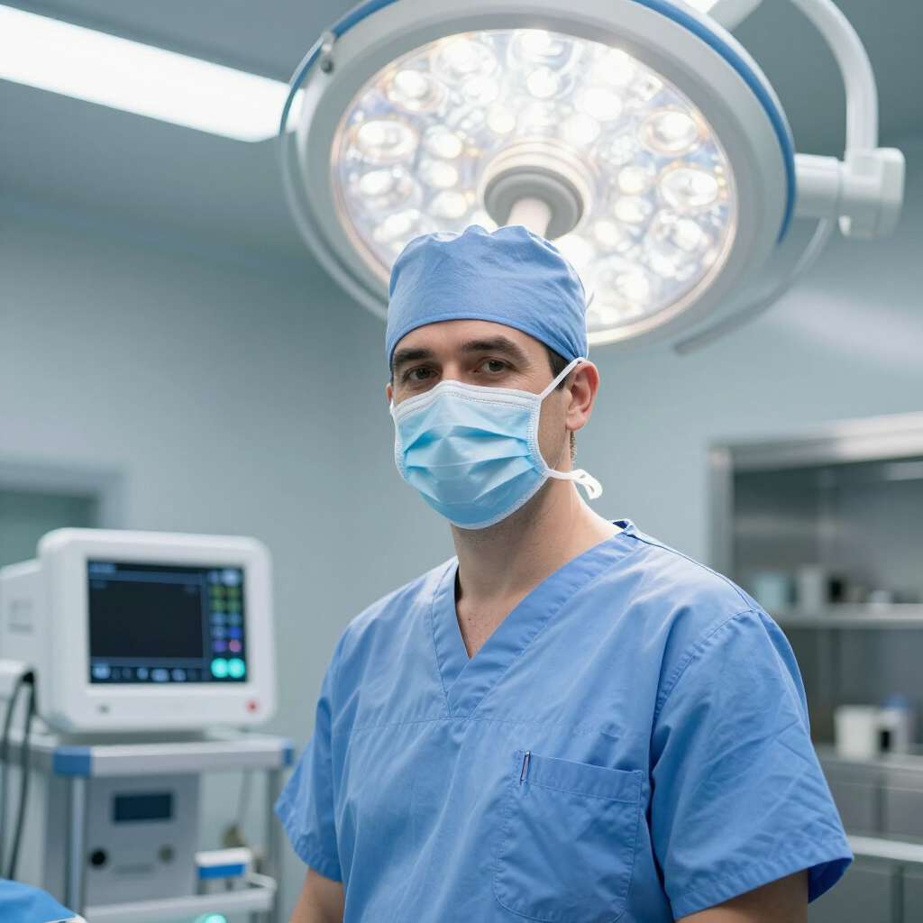 A medical professional in blue scrubs, cap, and face mask stands in an operating room under a surgical light.