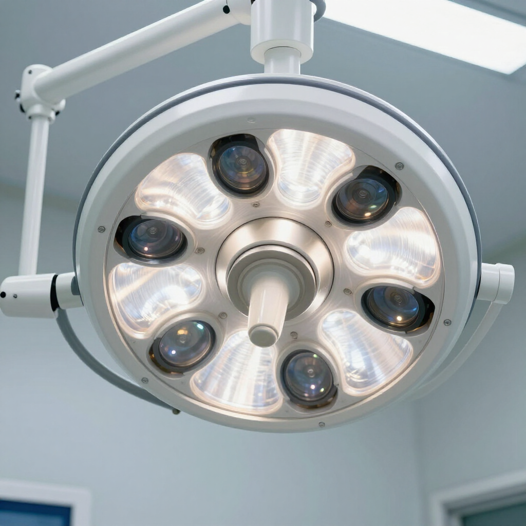 A circular, white LED surgical light with multiple individual lamp lenses mounted on a ceiling arm in an operating room.