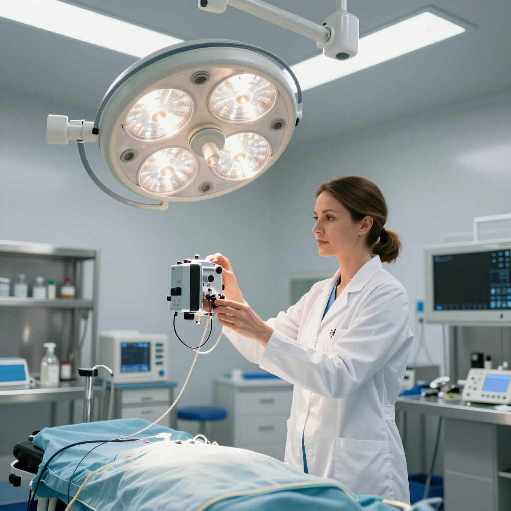 A medical professional in a white coat adjusts equipment over a draped surgical table in an operating room.