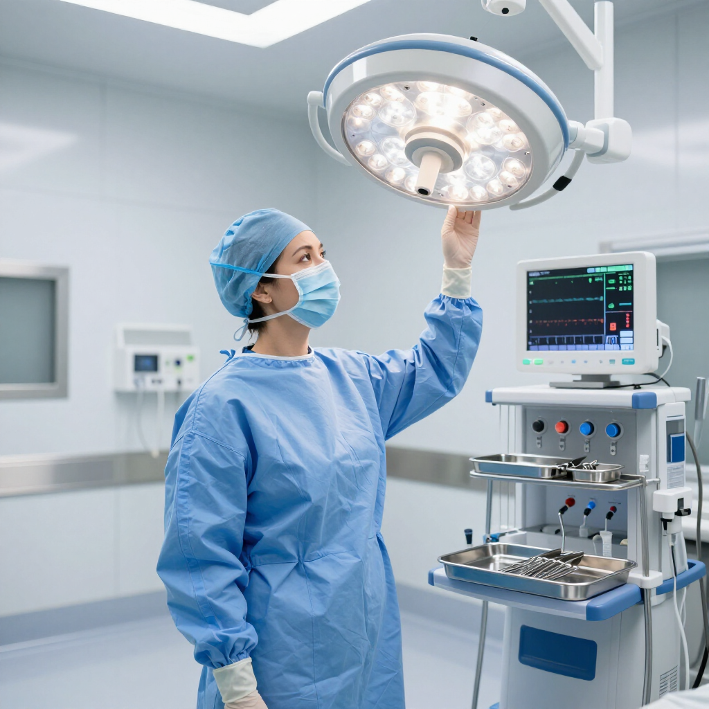 A surgical professional in blue scrubs and a mask adjusts a bright overhead surgical light in an operating room.