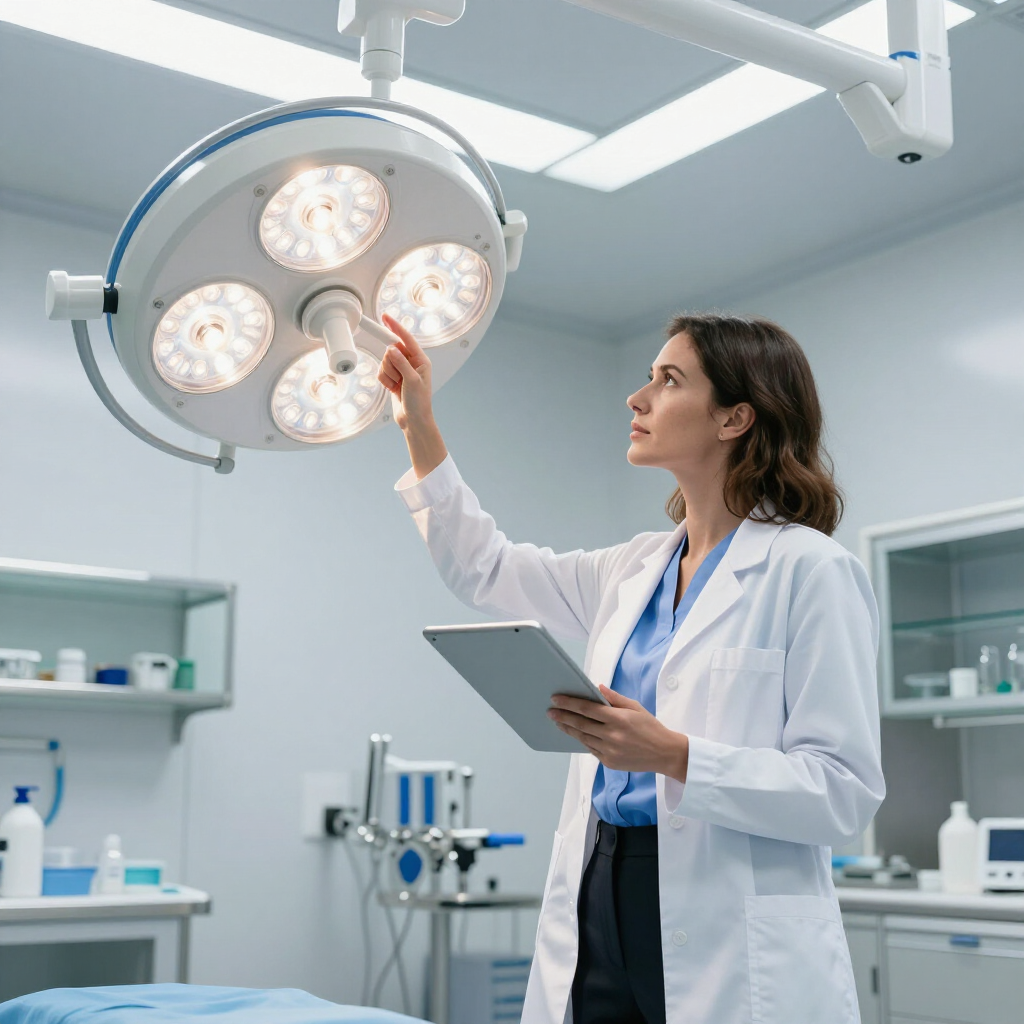 A person in a white lab coat and blue shirt adjusts an overhead surgical light while holding a tablet in a clinical room.