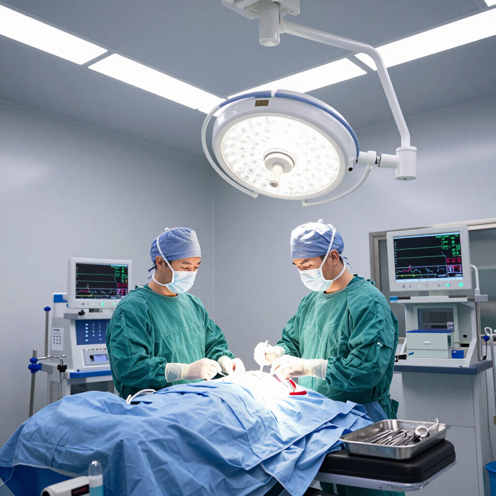 Two surgeons in scrubs and masks perform surgery in an operating room with bright lights and medical monitors.
