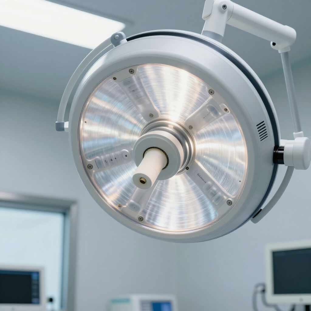 A bright, circular surgical lamp suspended from the ceiling in a sterile medical operating room.