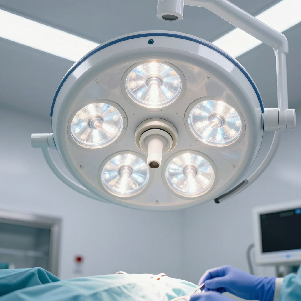 A bright surgical light hangs above a patient on an operating table, with a gloved surgeon performing a procedure.