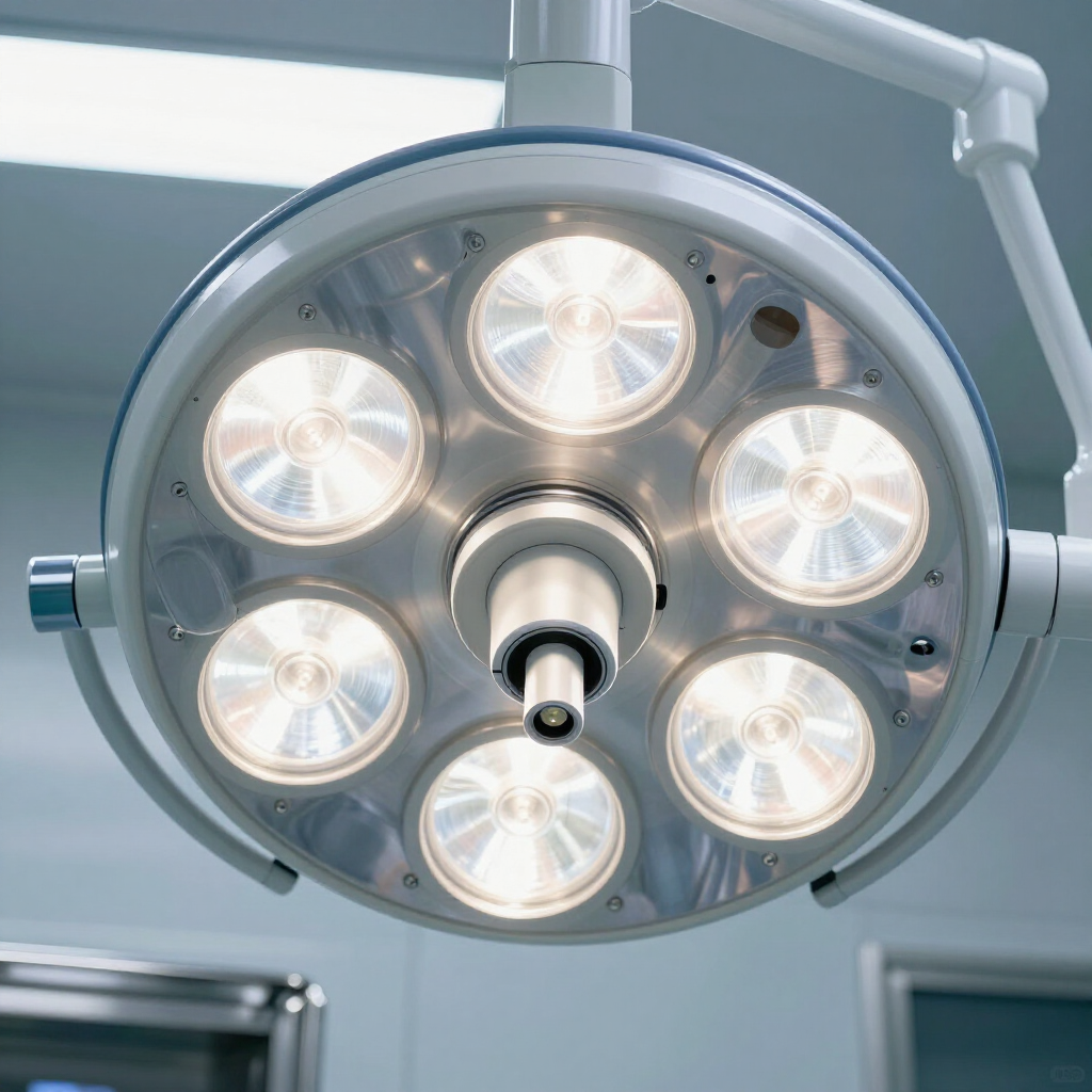 A circular surgical light with six LED panels, mounted on an adjustable arm in a clinical setting.