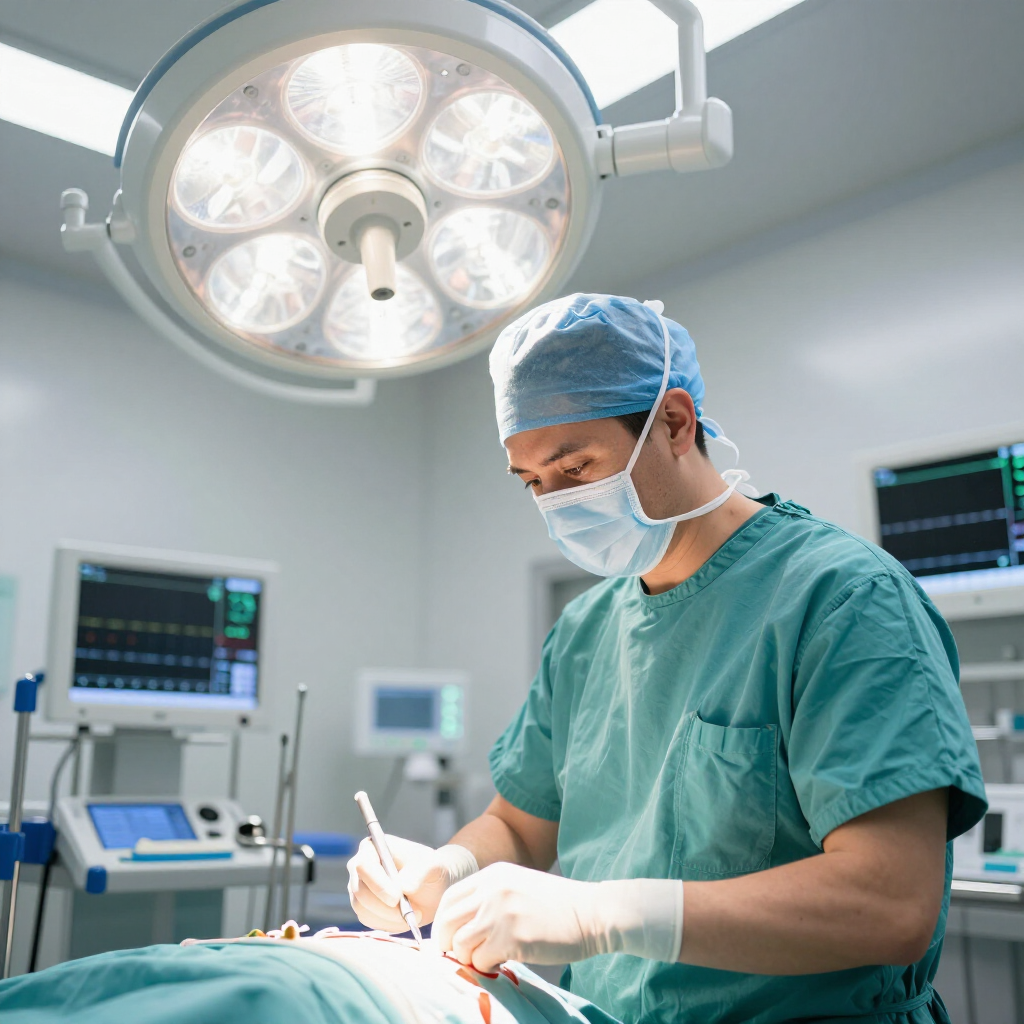A surgeon in blue scrubs, mask, and cap performs a procedure in a sterile operating room with monitors and surgical lights.
