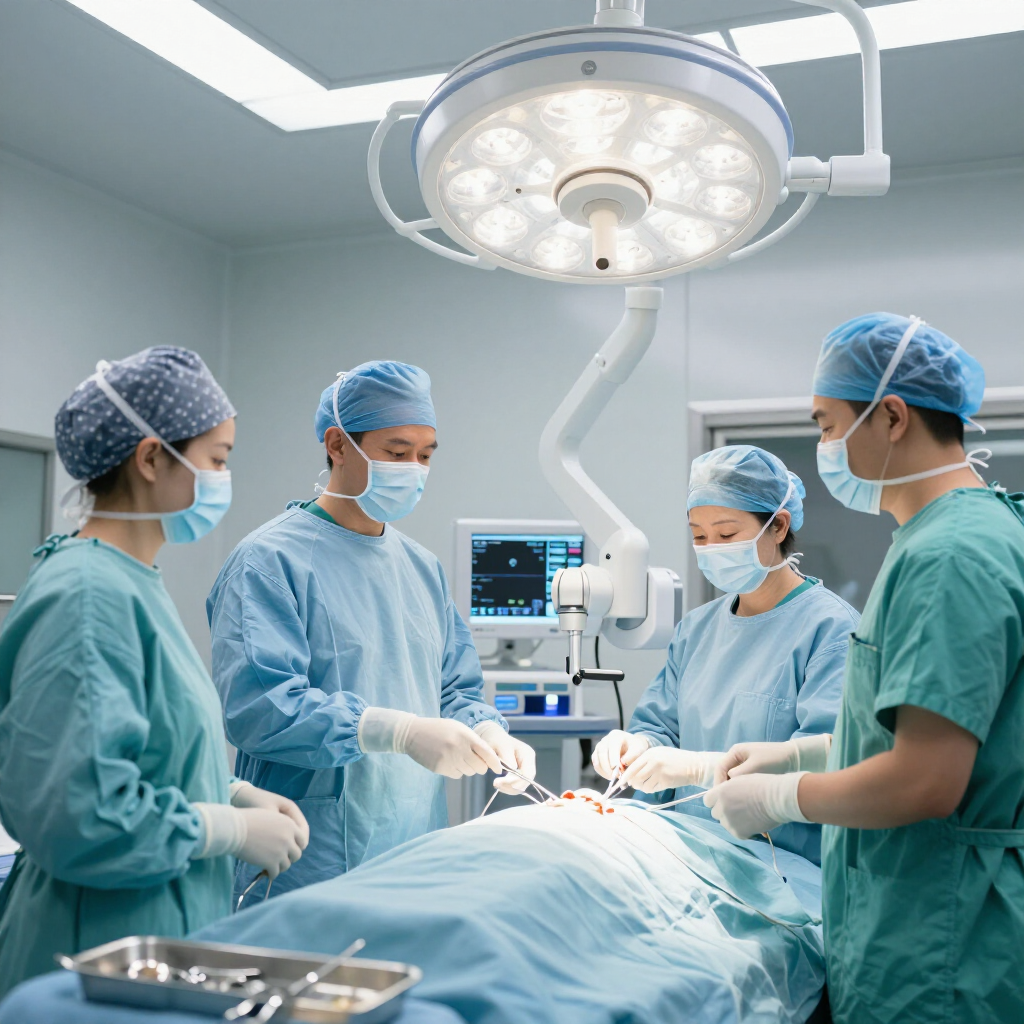 Four surgeons in scrubs and masks perform surgery in a sterile, brightly lit operating room under a surgical light.