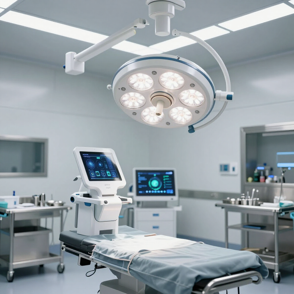 Modern operating room with an examination table, diagnostic equipment, and a surgical light hanging from the ceiling.
