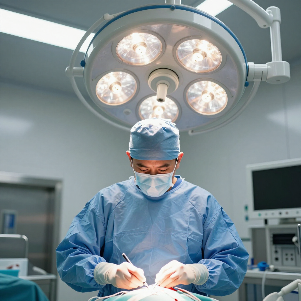 A surgeon in blue scrubs, mask, and gloves performs an operation in a brightly lit, sterile hospital operating room.
