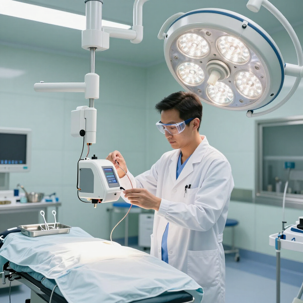 A medical professional in protective eyewear adjusts a clinical monitoring device above a prepared surgical table.