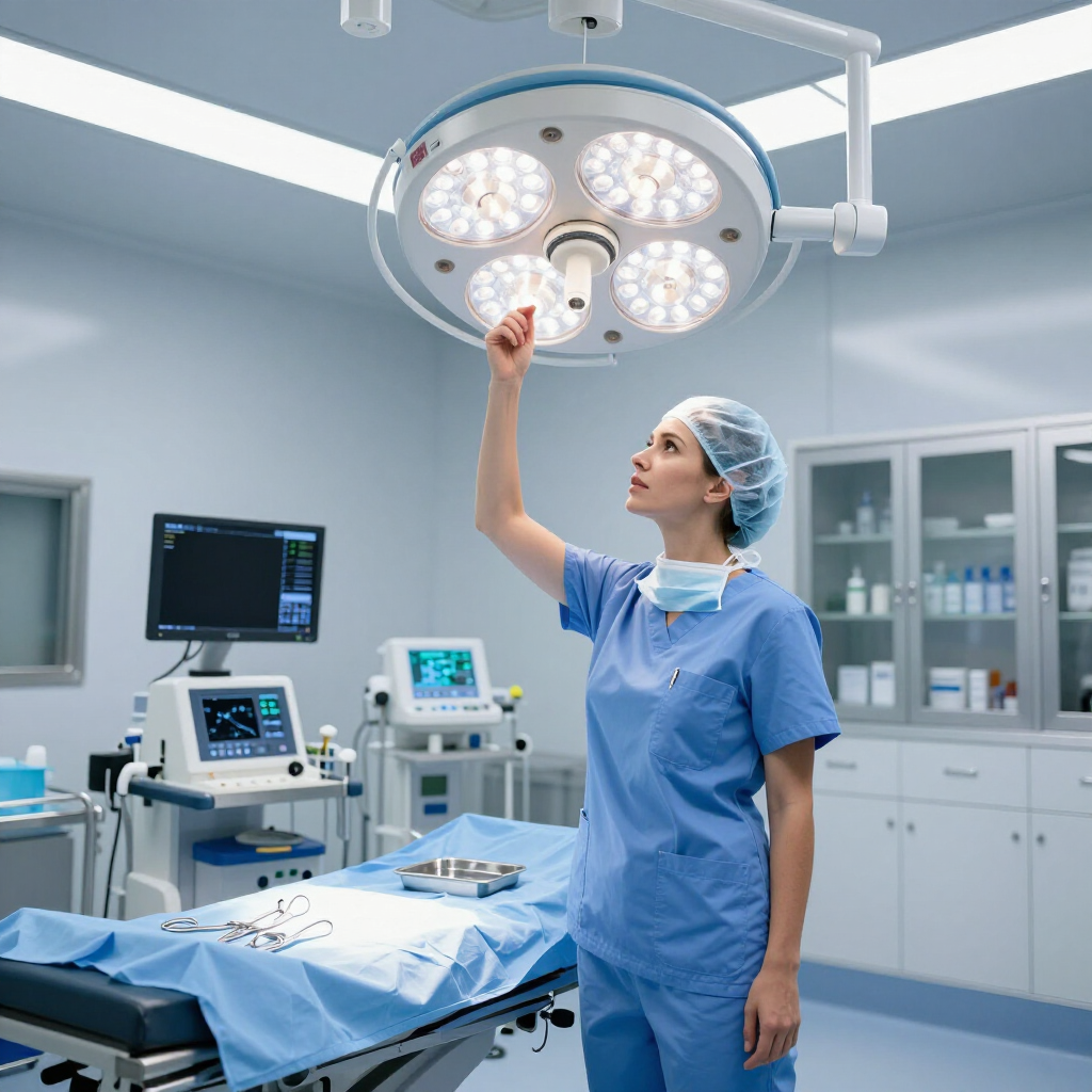 A surgical assistant in blue scrubs adjusts a surgical light in a clinical operating room.