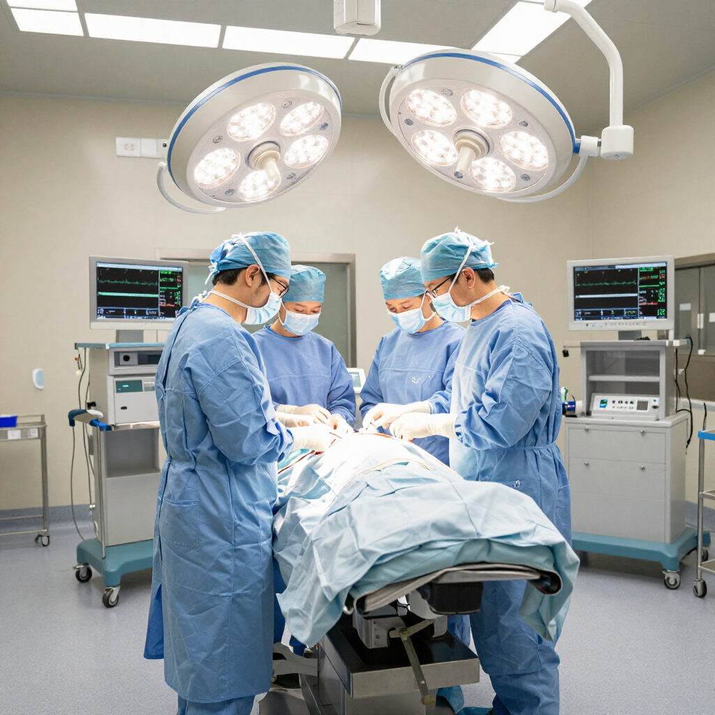 Four surgical staff in blue scrubs and masks perform a medical procedure on a patient in a bright, modern operating room.