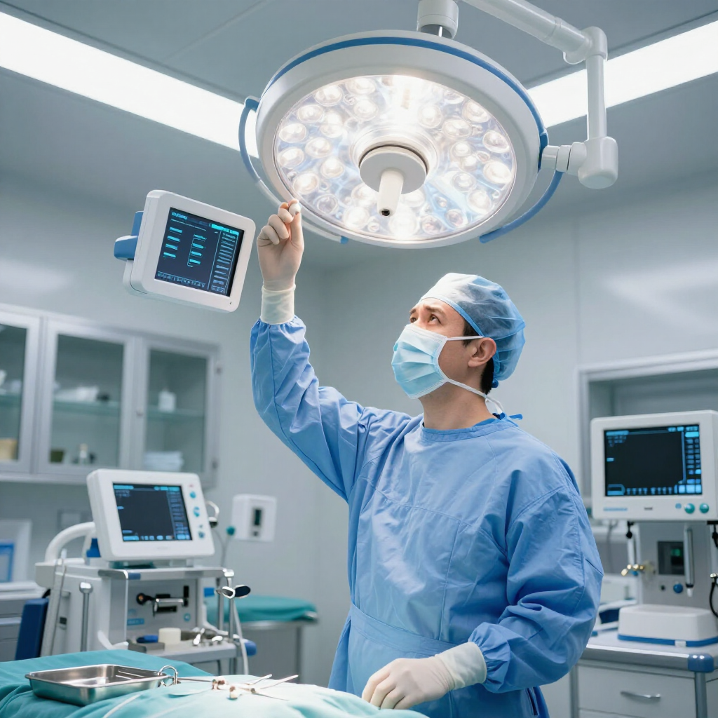 A surgeon in scrubs and a mask adjusts an overhead surgical light in an operating room filled with medical equipment.