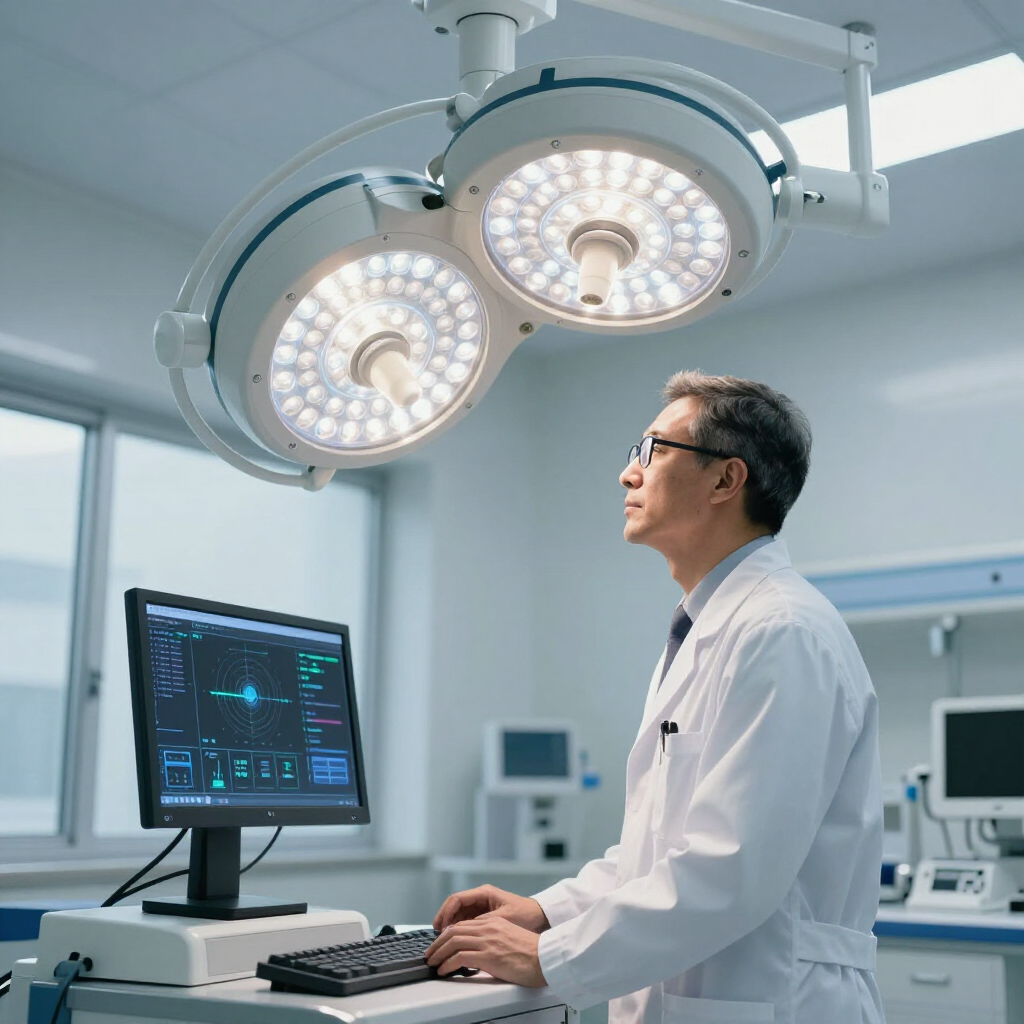 A professional wearing a white coat works at a computer in a clinical setting under surgical lighting.