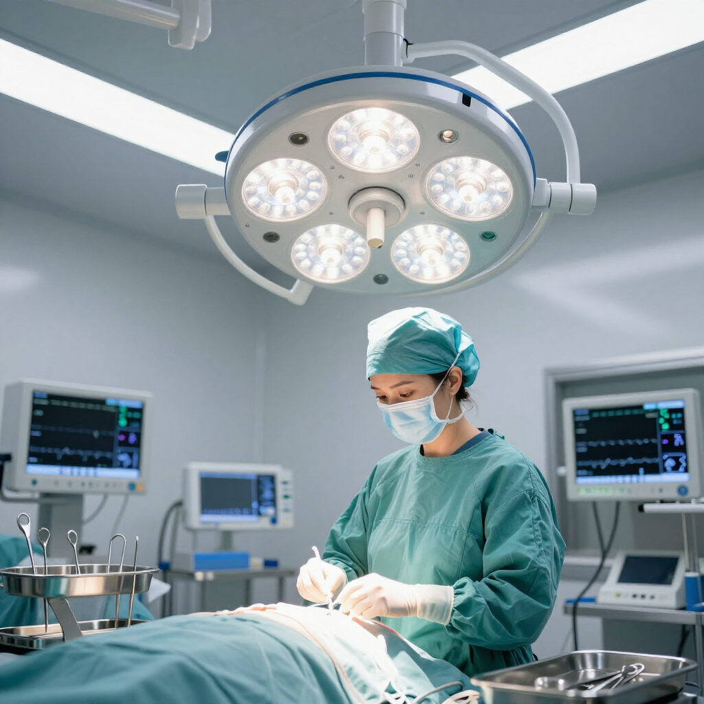 A medical professional in scrubs and a mask performs surgery in a brightly lit, high-tech operating room.