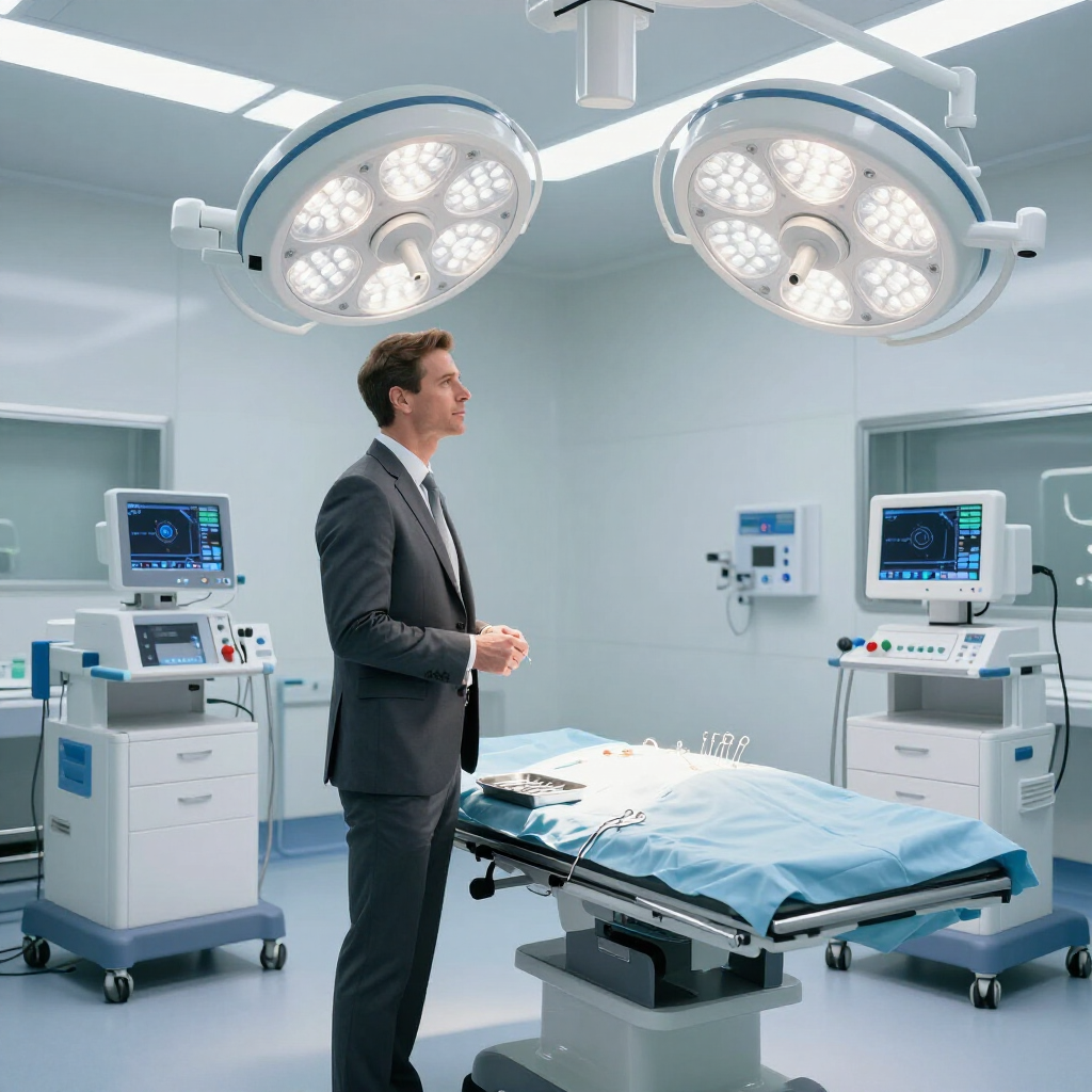 A person in a suit stands in a brightly lit operating room between two medical monitors and an exam table.