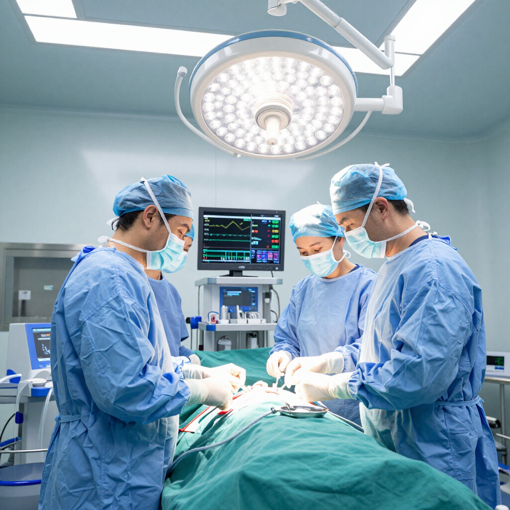 Three surgeons in blue scrubs and surgical masks perform a procedure in a bright, modern operating room.