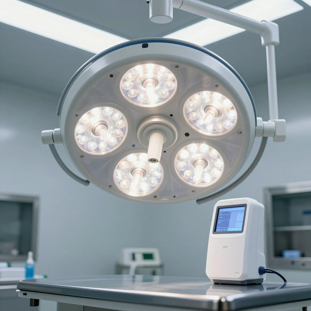 A sterile surgical suite featuring a large multi-bulb surgical light fixture hanging over a medical device on a table.