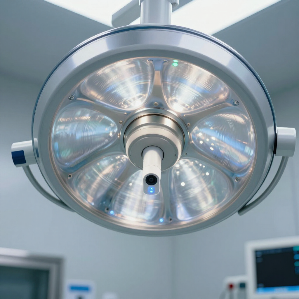 A surgical ceiling light with multiple LED panels and a central camera, suspended in a sterile medical operating room.