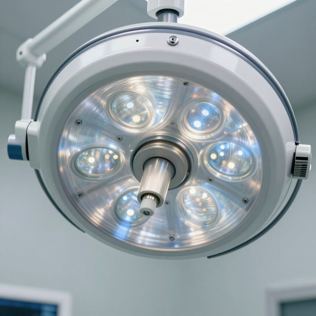 A bright LED surgical light fixture with multiple bulbs suspended from an adjustable metal arm in a clinical setting.