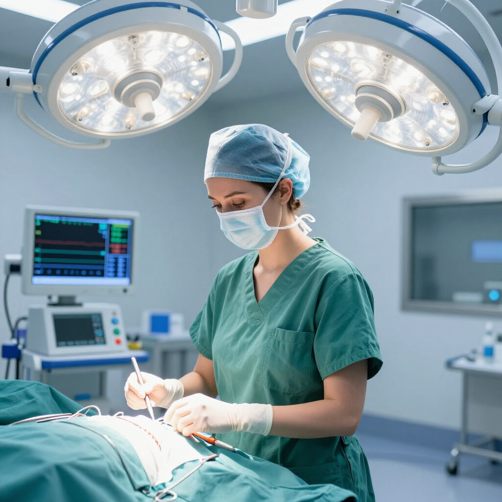 A surgical professional in teal scrubs and a mask performs an operation under bright operating room lights.