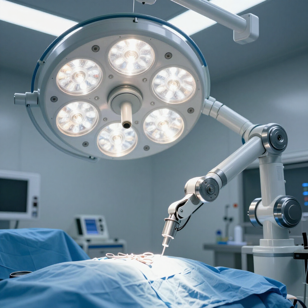A robotic surgical arm performing an operation under a bright, multi-bulb surgical light in an operating room.
