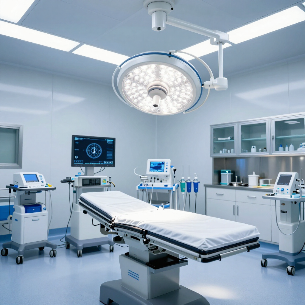 A modern, sterile surgical operating room with a central operating table, overhead surgical light, and medical monitors.