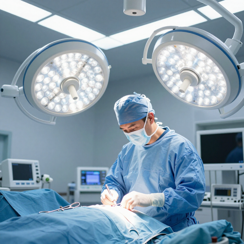 A surgeon in blue scrubs and a face mask performing a surgical procedure under bright operating room lights.