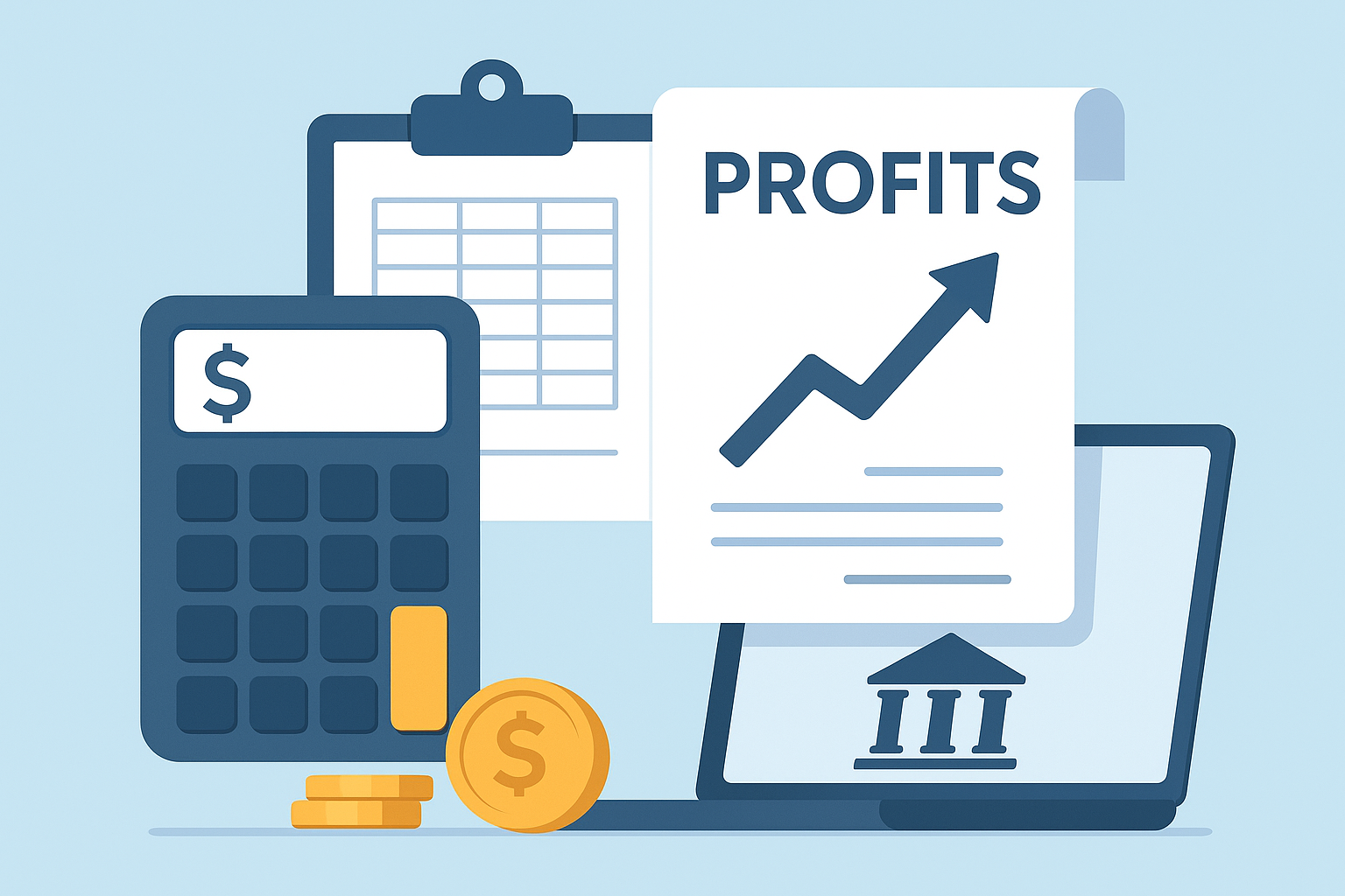 ProfitWerx Bookkeeping Calculator, profits chart, coins, and laptop illustrating financial growth.