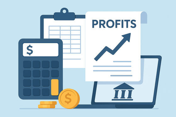 Calculator, profits chart, coins, and laptop illustrating financial growth.