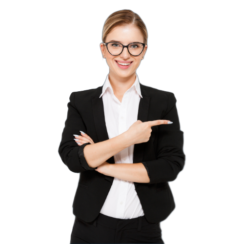 Woman in business suit, glasses, smiling, pointing to the right, arms crossed.