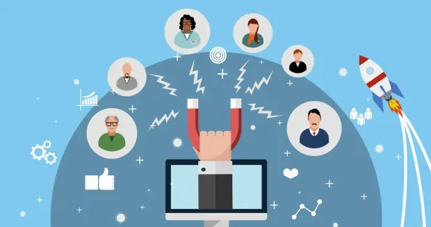 A hand holding a magnet attracts customer icons above a computer screen, rocket ship in background.