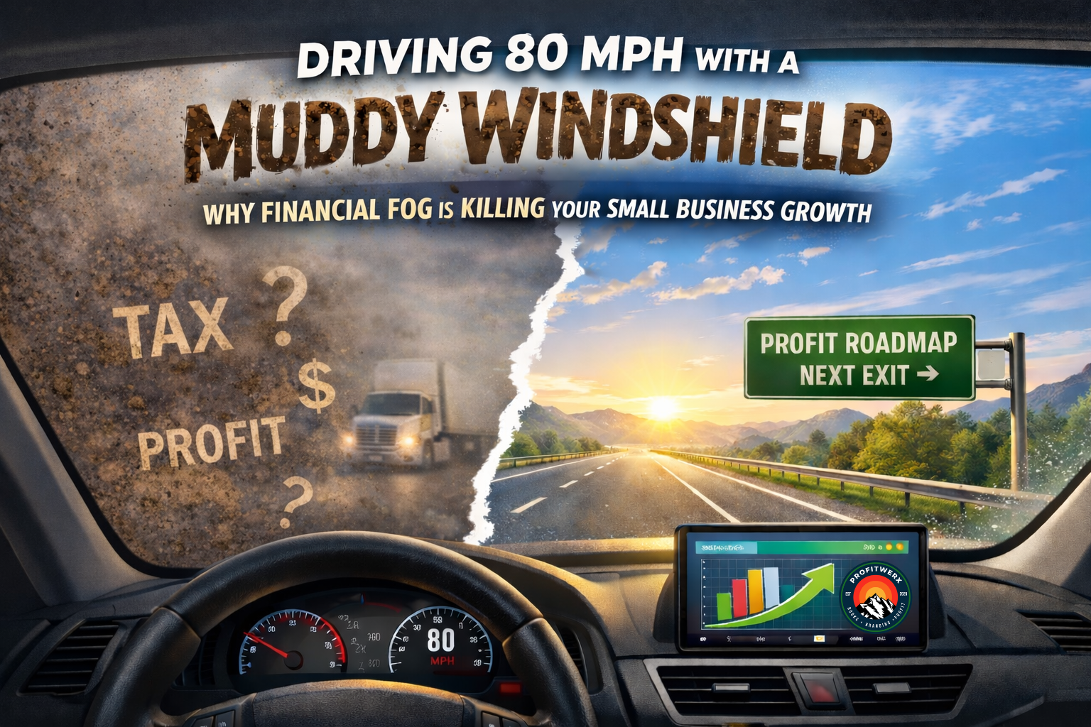 A car driving with a muddy windshield vs. a clear view; metaphor for financial clarity & small business growth.