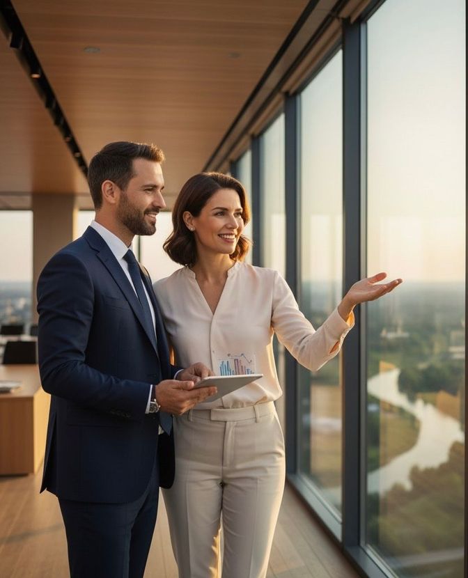Business colleagues looking out large office window at cityscape; woman points.