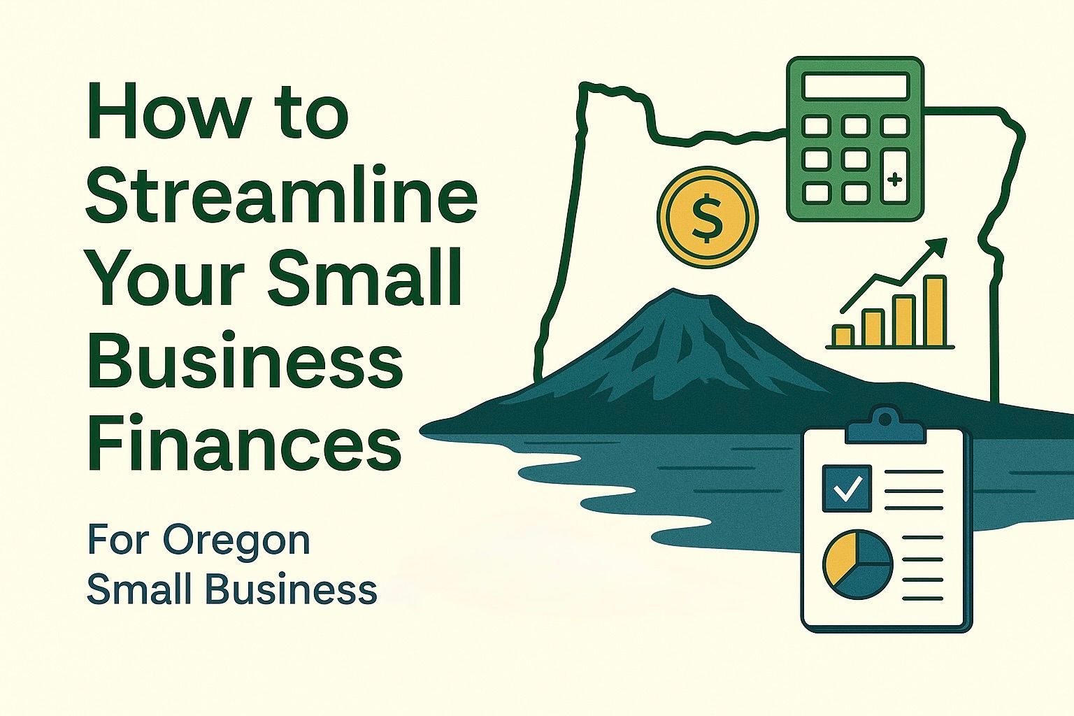 Graphic: Oregon-themed guide to streamlining small business finances; features icons of a calculator, coin, and graph.