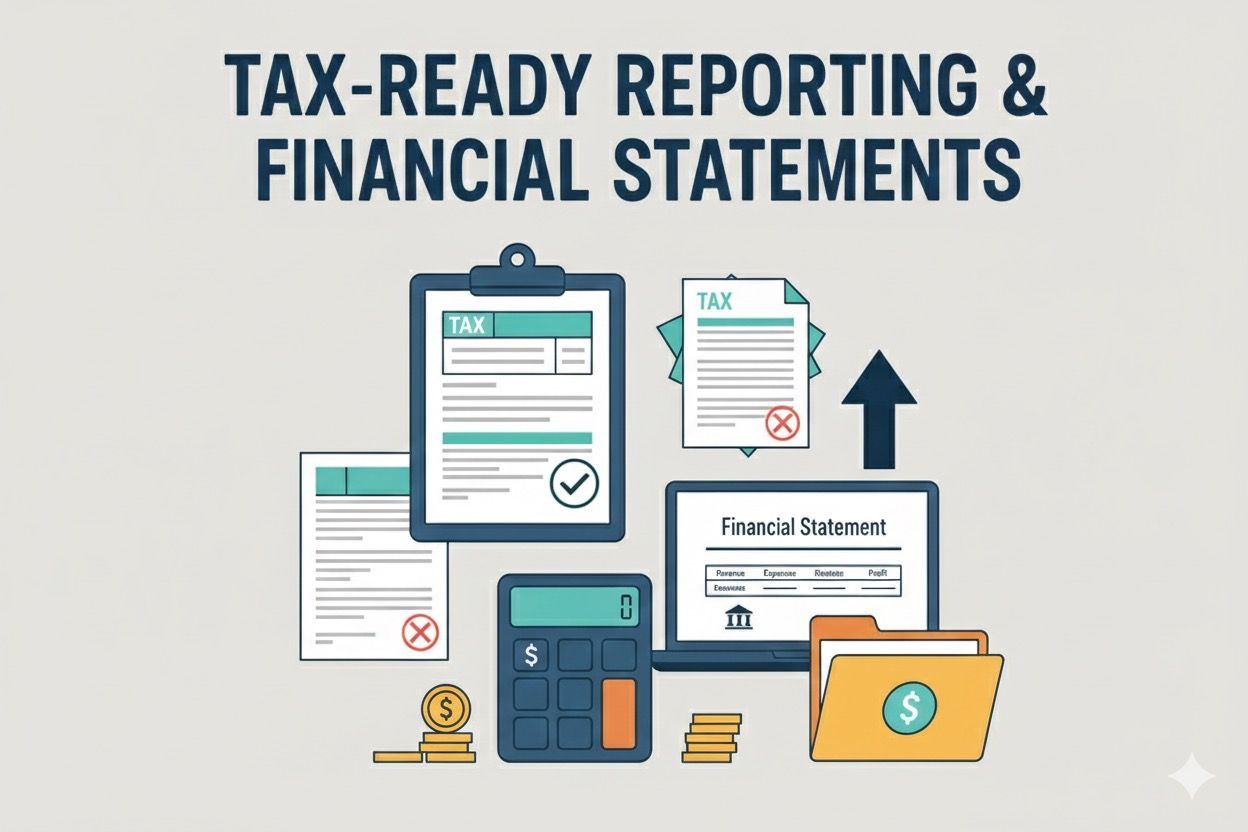 ProfitWerx Financial Reporting Financial documents, calculator, and folder, with text
