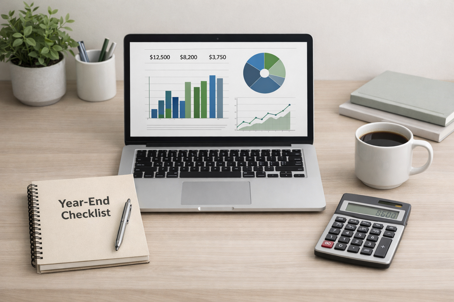 Laptop displaying graphs and data, with a notebook, pen, calculator, coffee, and a plant on a desk.