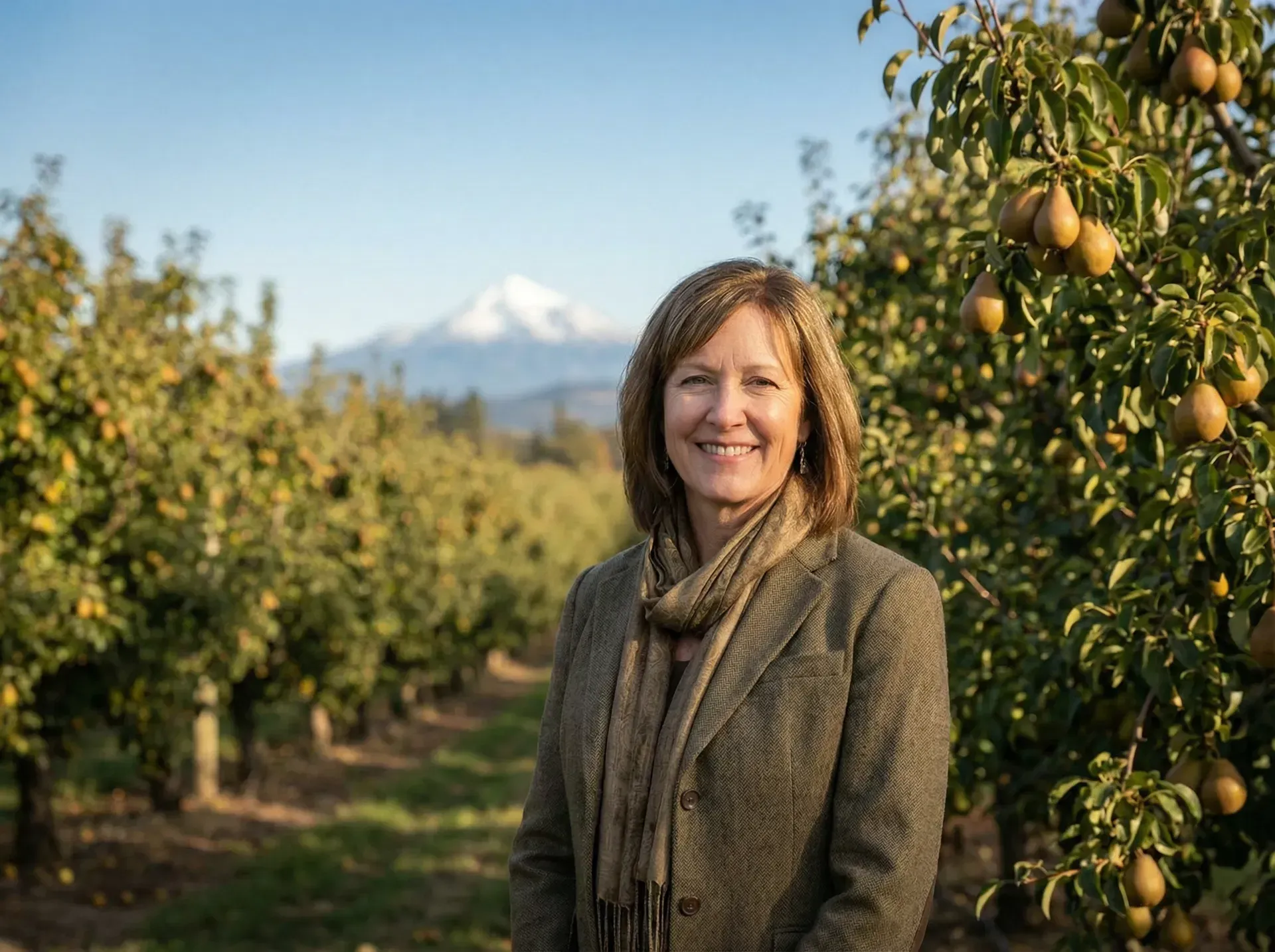 A person in a blazer working at a laptop by a large window with a view of trees, holding documents with a mug on the desk.
