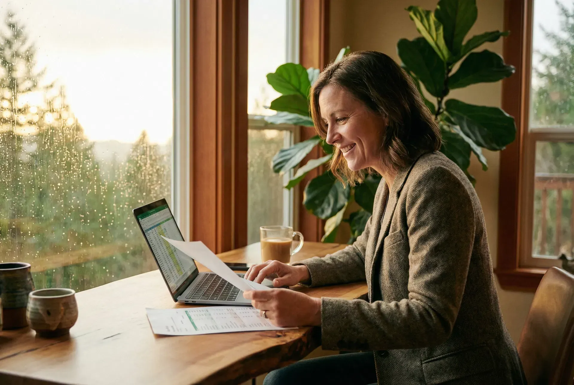 A person in a blazer working at a laptop by a large window with a view of trees, holding documents with a mug on the desk.