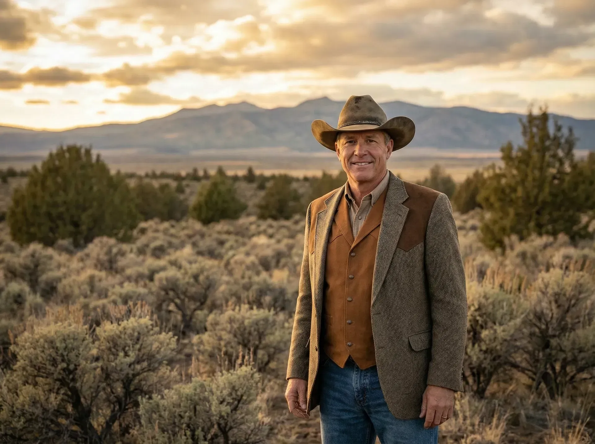 A person in a blazer working at a laptop by a large window with a view of trees, holding documents with a mug on the desk.