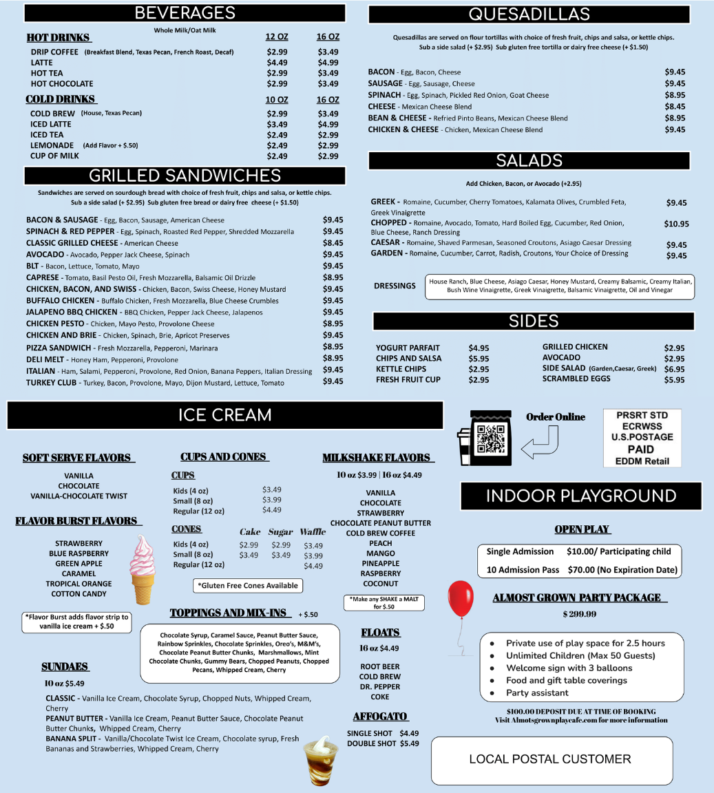 A menu for a restaurant includes ice cream and beverages