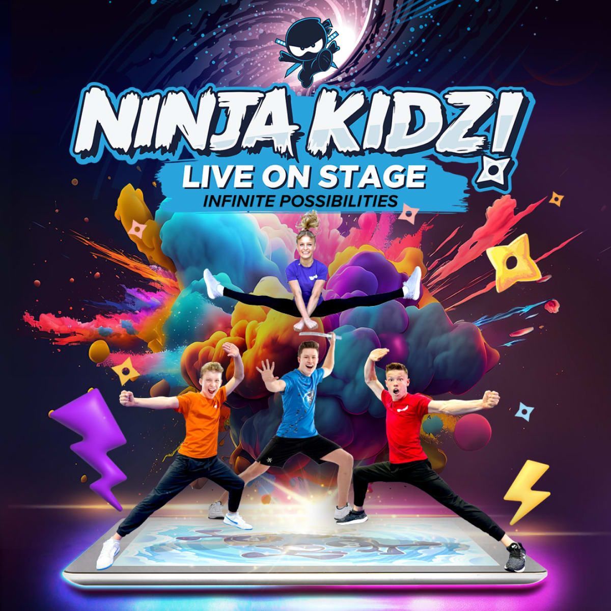 A poster for ninja kidz live on stage infinite possibilities