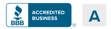 A blue and white logo that says accredited business