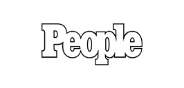 People magazine logo in outlined white letters on a white background.