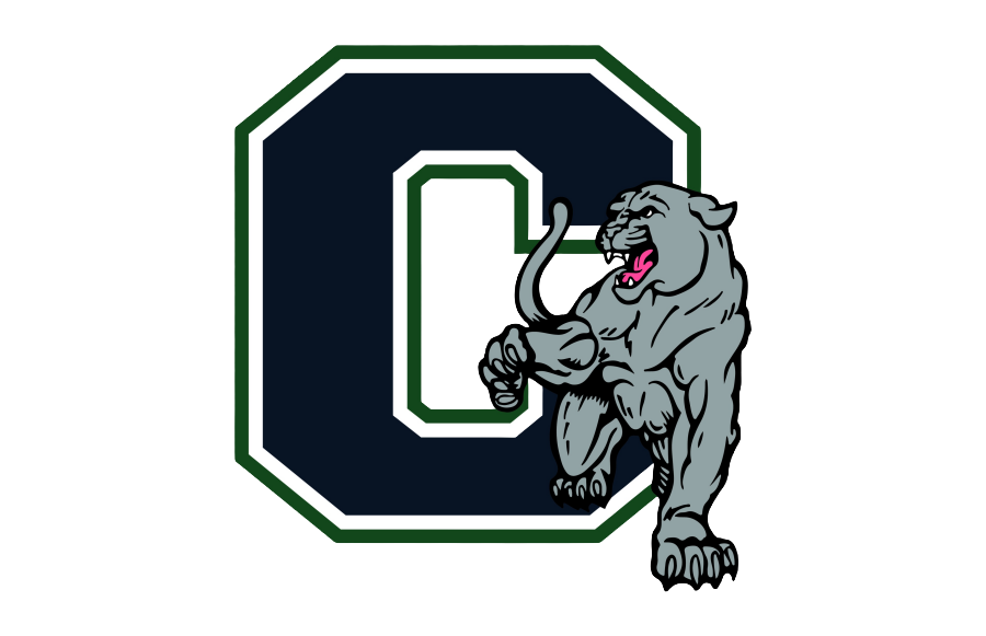 A dark blue letter C outlined in white and green, with a grey panther crouching in front of it.